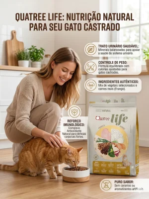 Ração Natural para Gatos Castrados Quatree Life Frango Arroz 3kg