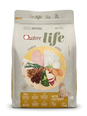 Ração Natural para Gatos Castrados Quatree Life Frango Arroz 3kg